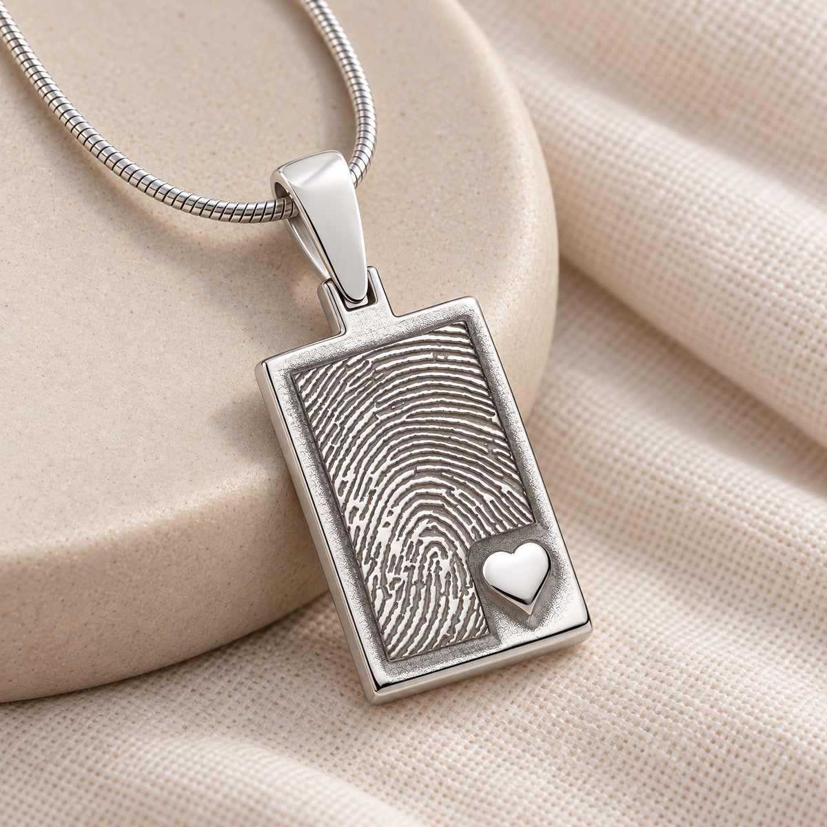 Solid 14K White Gold Raised Fingerprint Rectangle Necklace — alternate view
