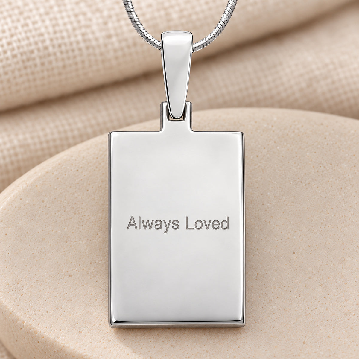 Solid 14K White Gold Raised Fingerprint Rectangle Necklace — rear engraving
