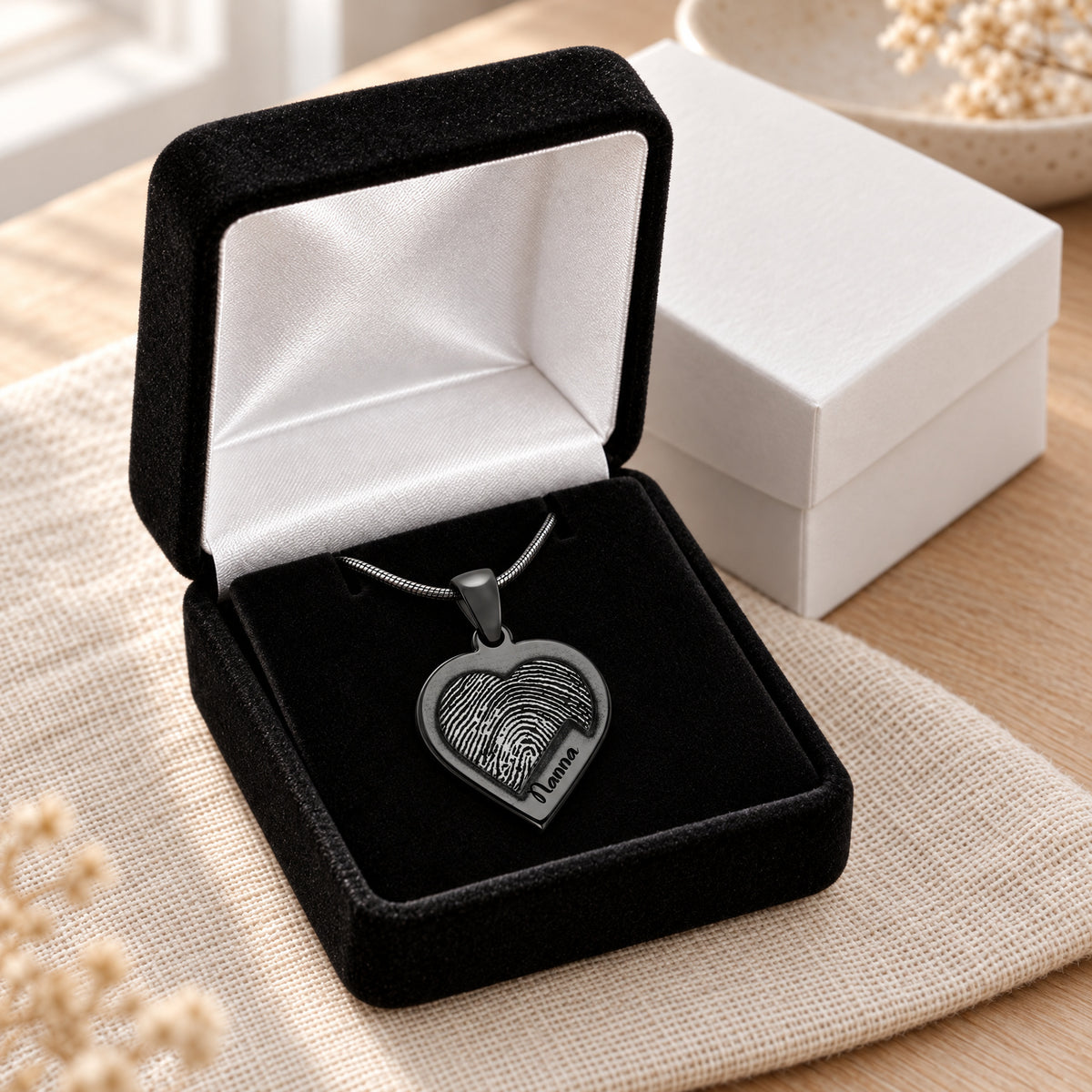 Raised Black Plated Sterling Heart Fingerprint Necklace — gift box