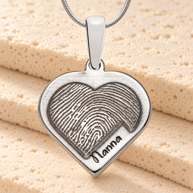 Raised Solid 14K White Gold Heart Fingerprint Necklace