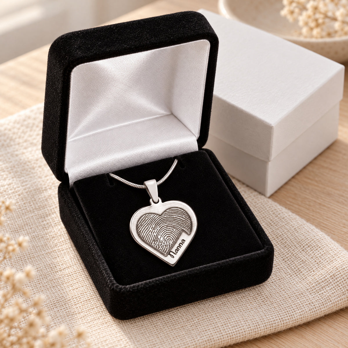 Raised Solid 14K White Gold Heart Fingerprint Necklace — gift box