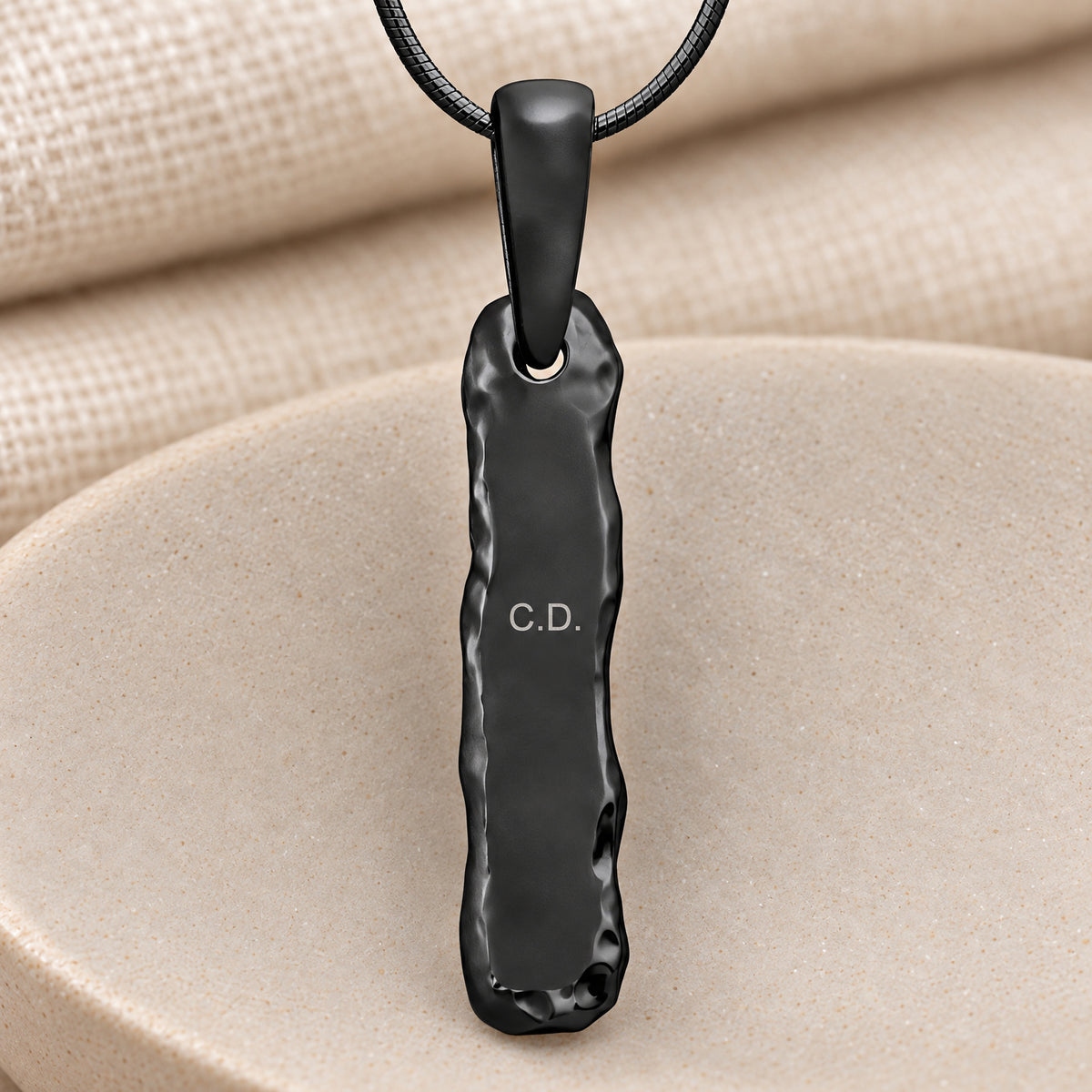 Black Plated Sterling Silver Textured Bar Fingerprint Necklace — rear engraving