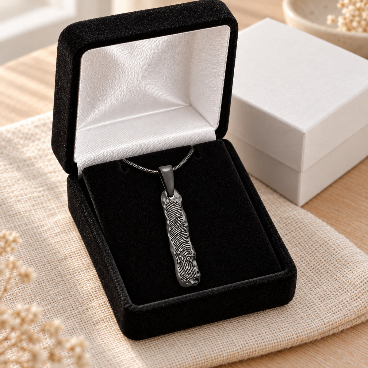 Black Plated Sterling Silver Textured Bar Fingerprint Necklace — gift box