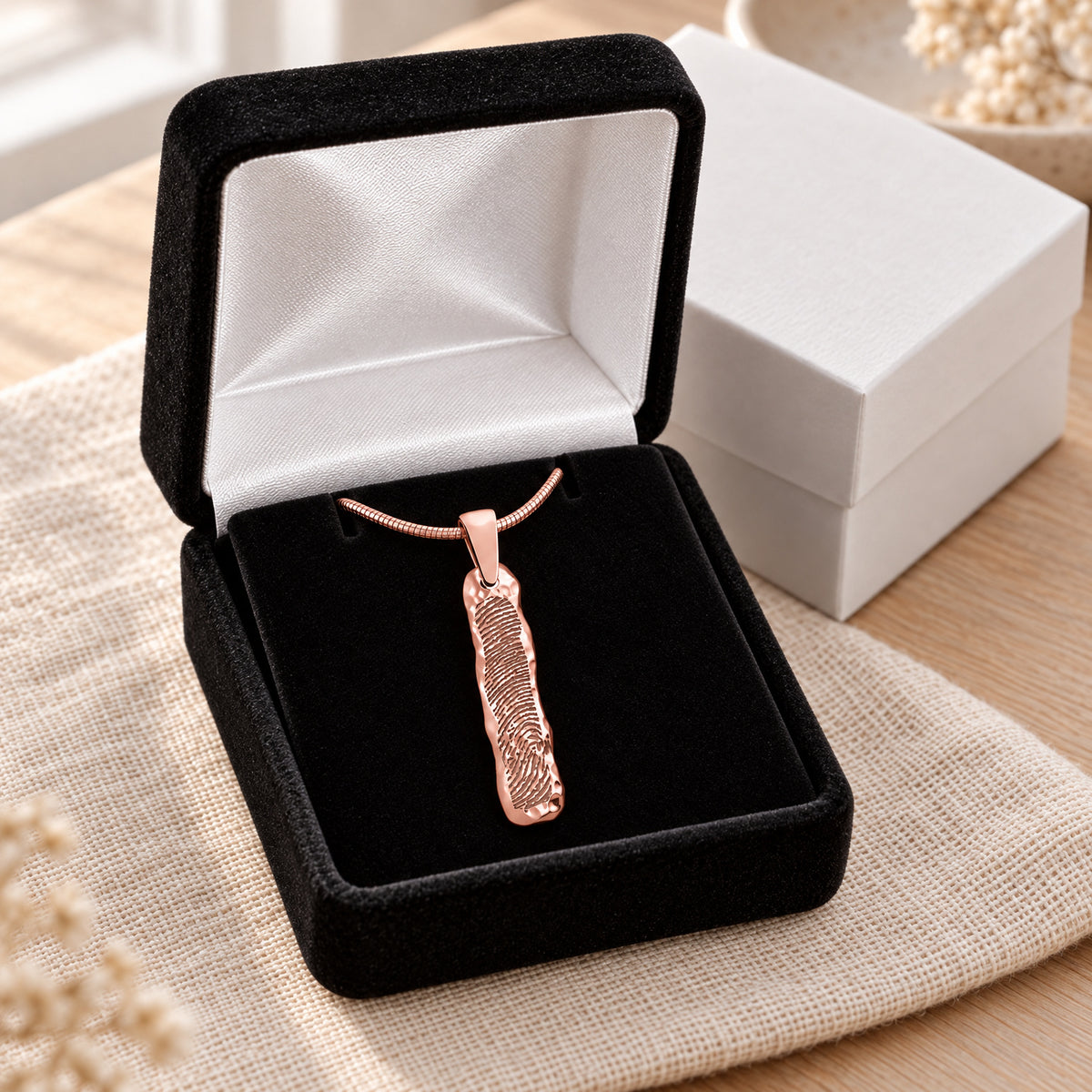 Rose Gold Plated Sterling Silver Textured Bar Fingerprint Necklace — gift box