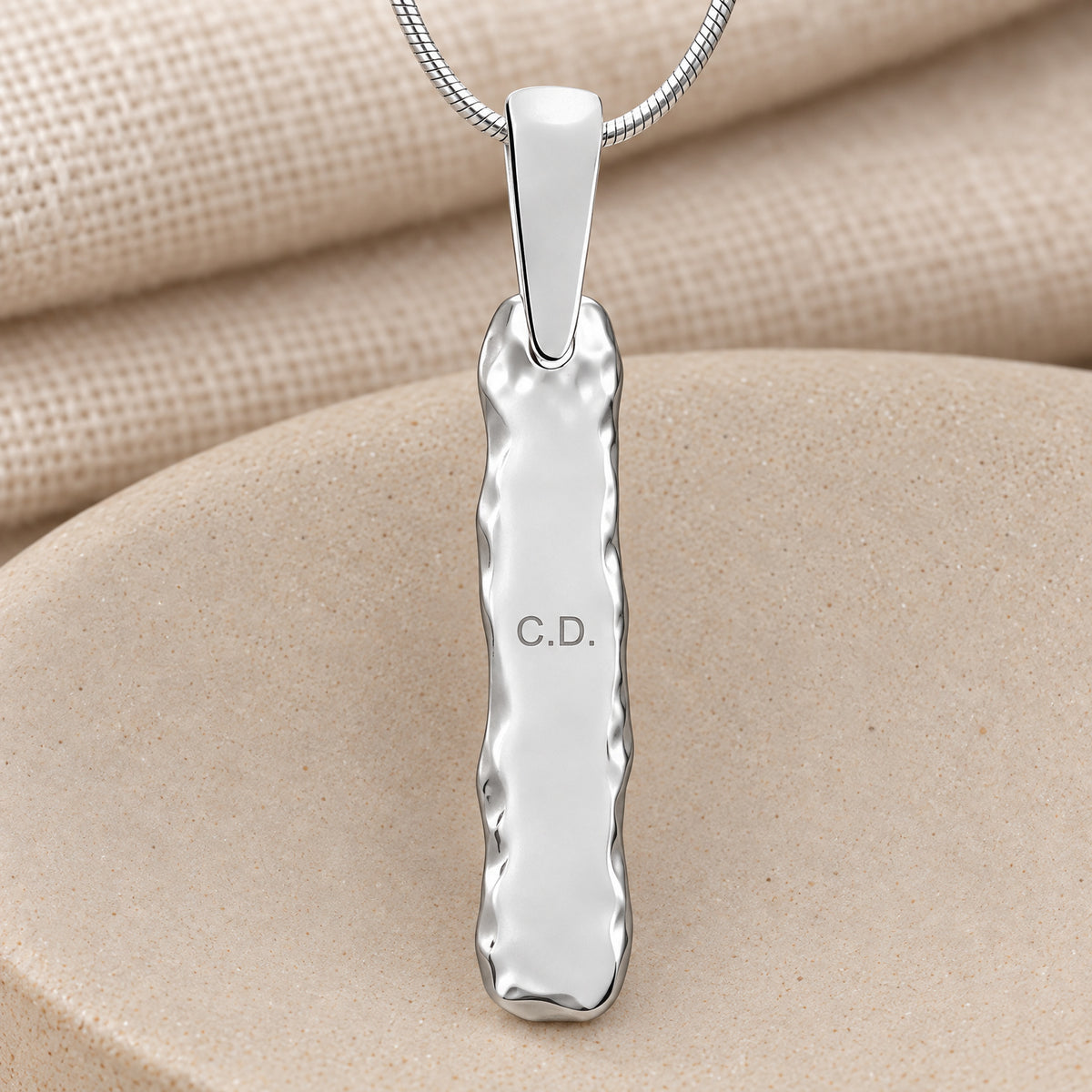Sterling Silver Textured Bar Fingerprint Necklace — rear engraving