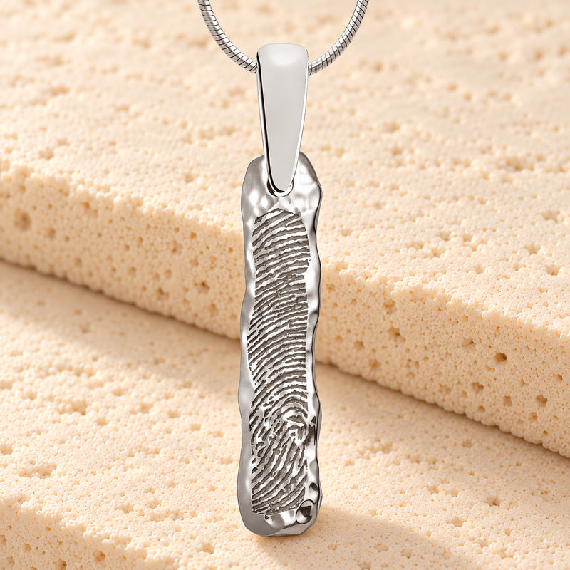Solid 14K White Gold Textured Bar Fingerprint Necklace
