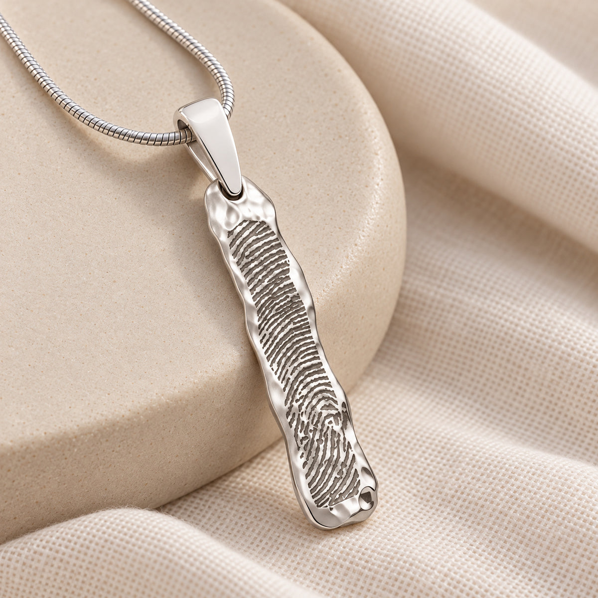 Solid 14K White Gold Textured Bar Fingerprint Necklace — alternate view