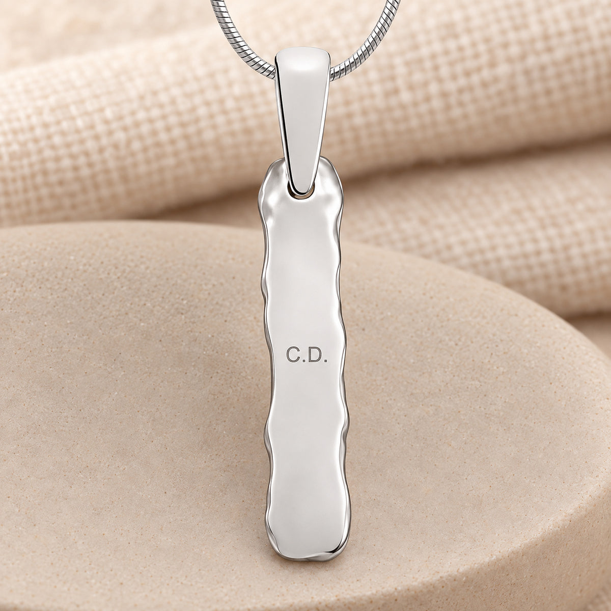 Solid 14K White Gold Textured Bar Fingerprint Necklace — rear engraving