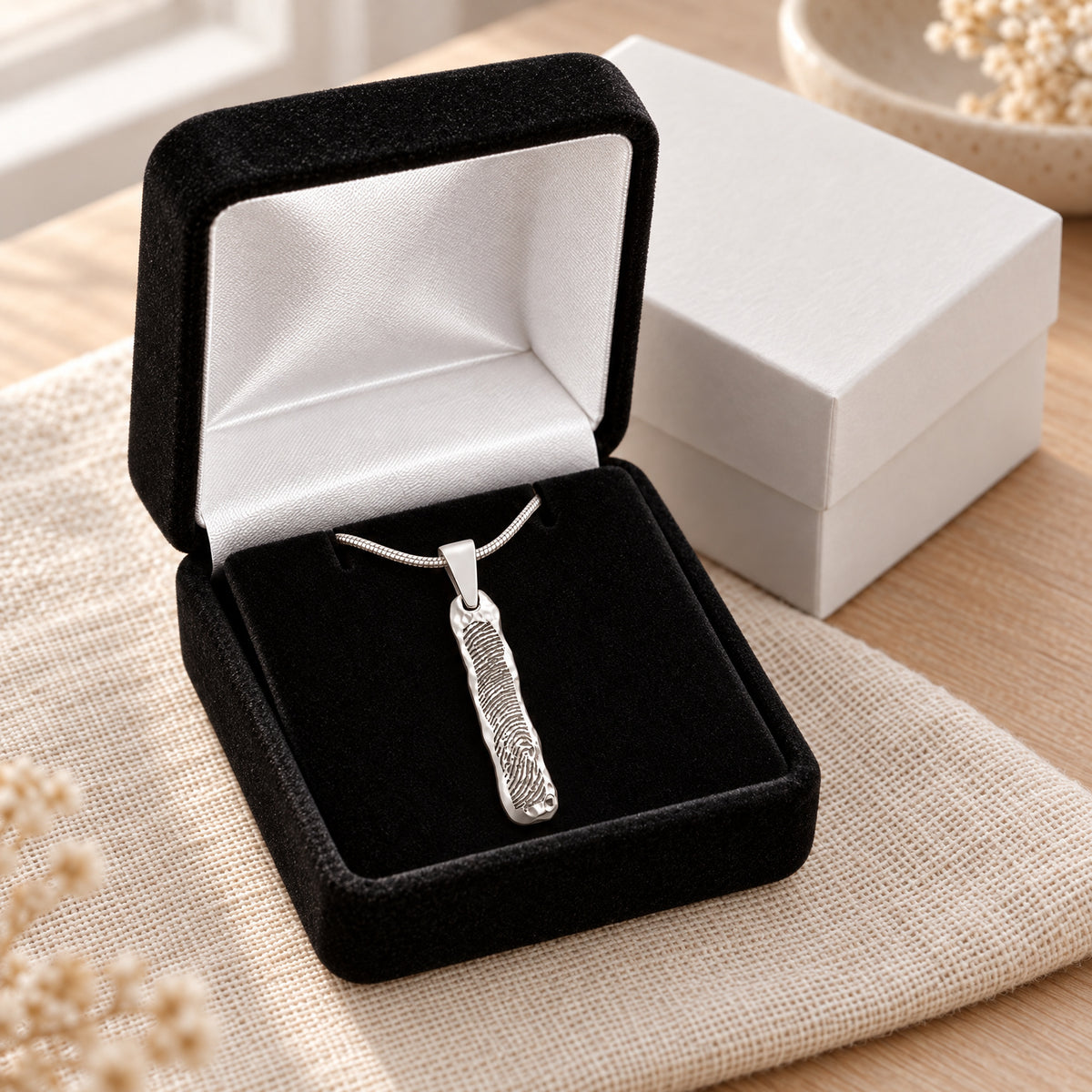 Solid 14K White Gold Textured Bar Fingerprint Necklace — gift box
