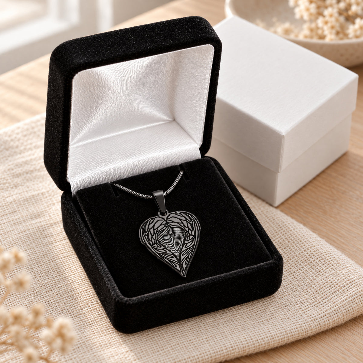 Black Plated Angel Wings Sterling Fingerprint Necklace — gift box