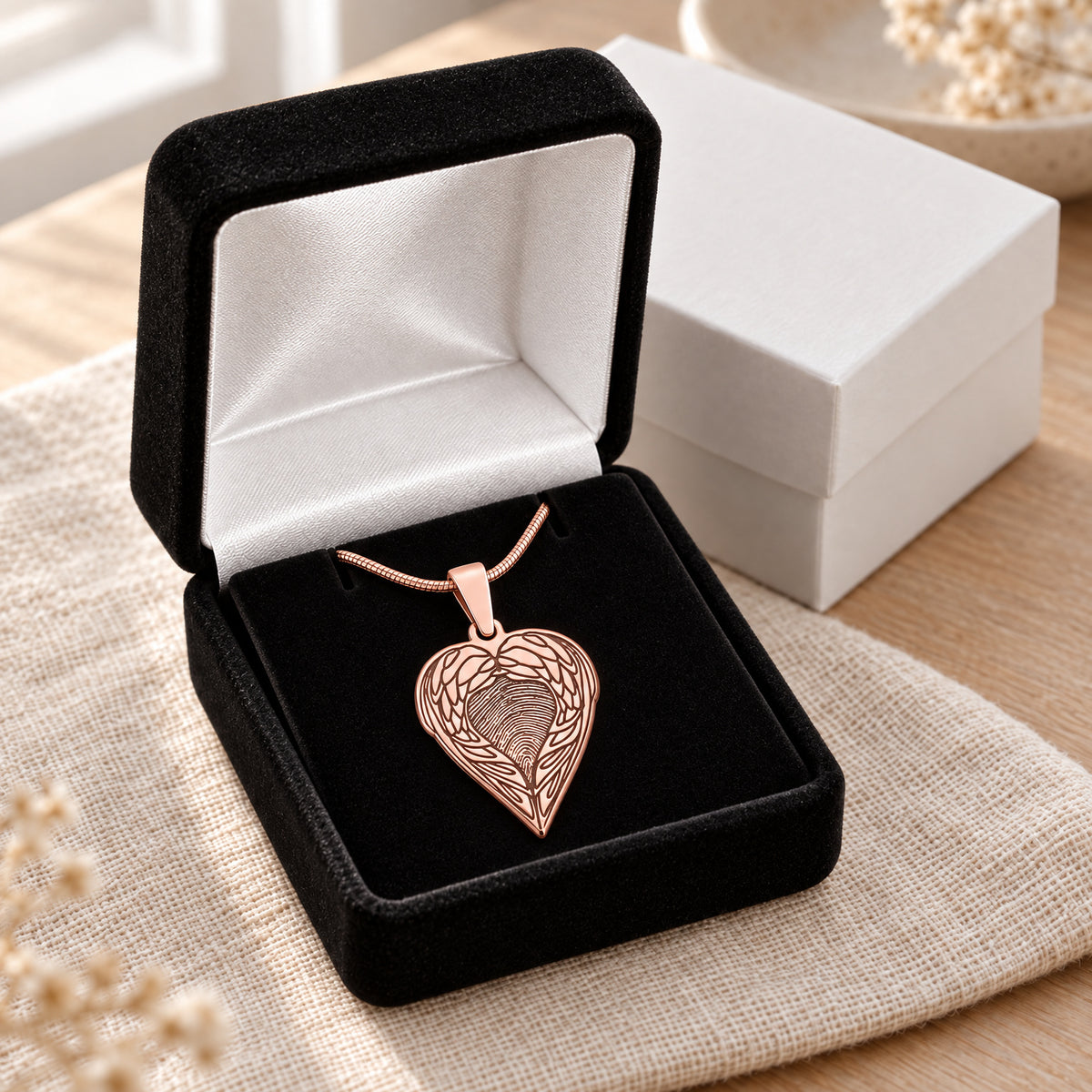 Rose Gold Plated Angel Wings Sterling Fingerprint Necklace — gift box