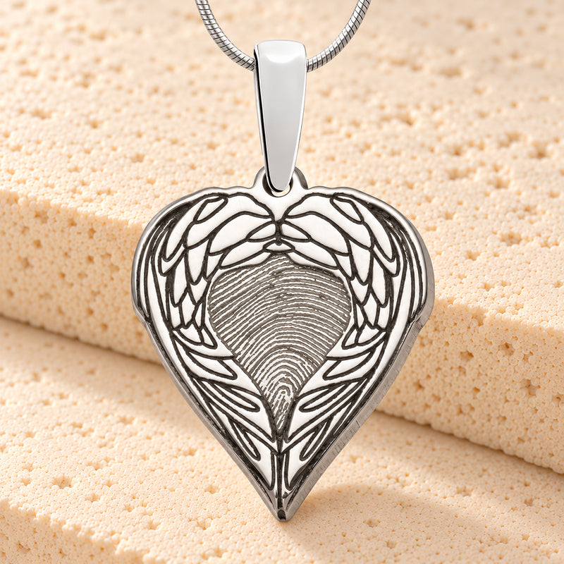 Angel Wings Solid 14K White Gold Fingerprint Necklace