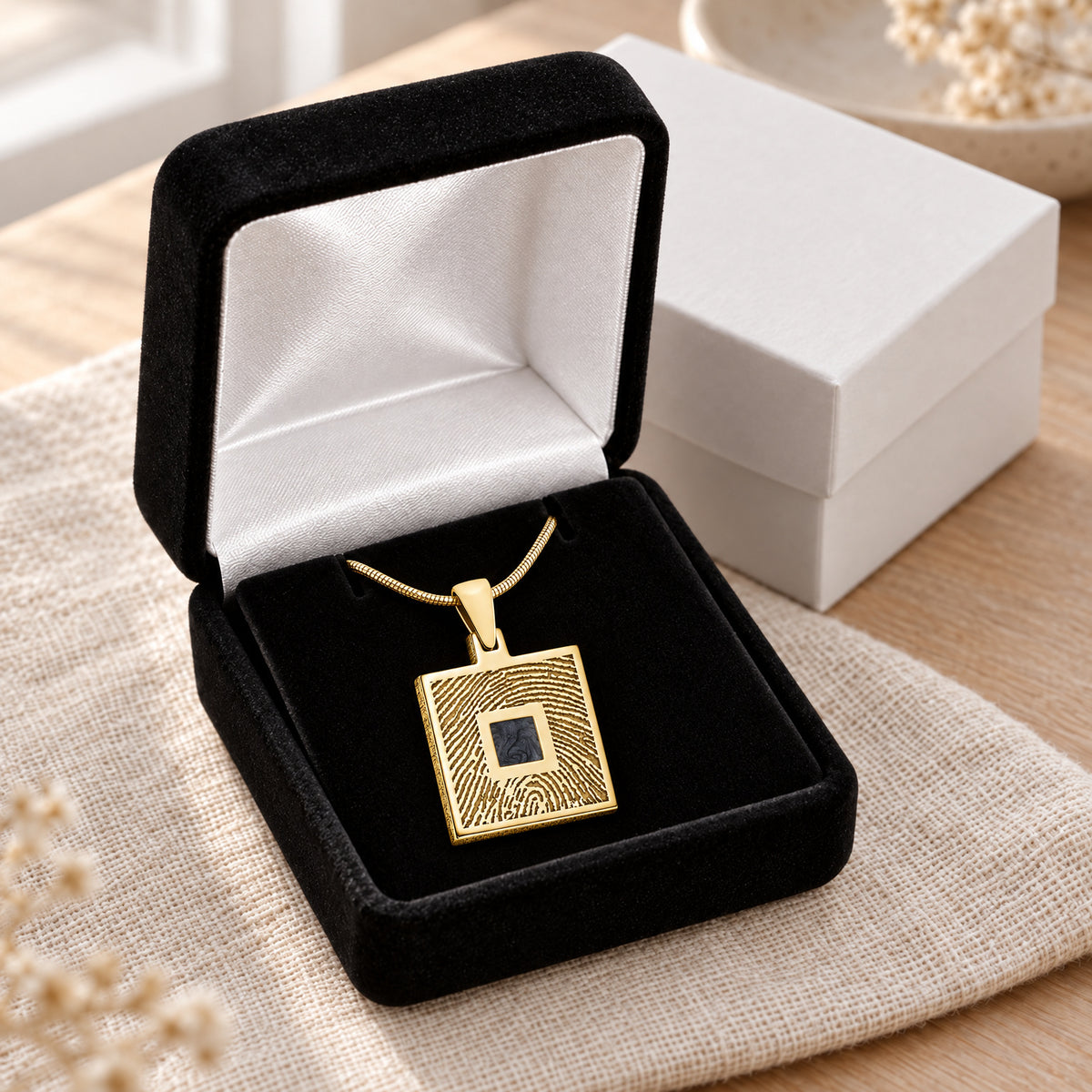 Gold Plated over Sterling Square Ash and Fingerprint Necklace — gift box