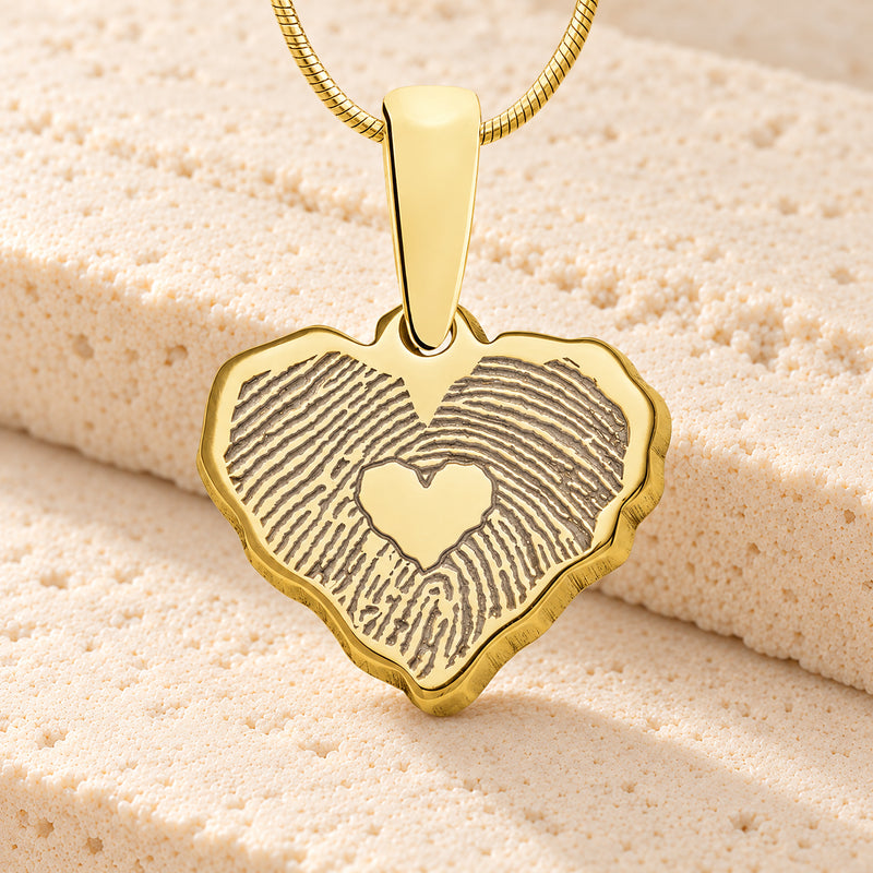 Solid 14K Gold Petite Cut Sterling Heart Fingerprint Necklace with Signature on Back