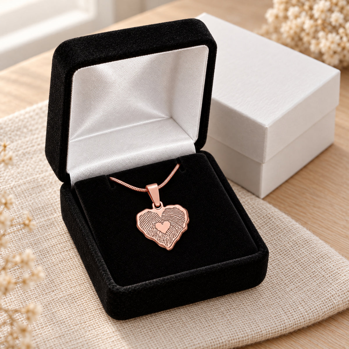 Rose Gold Plated Petite Cut Sterling Heart Fingerprint Necklace with Signature on Back — gift box