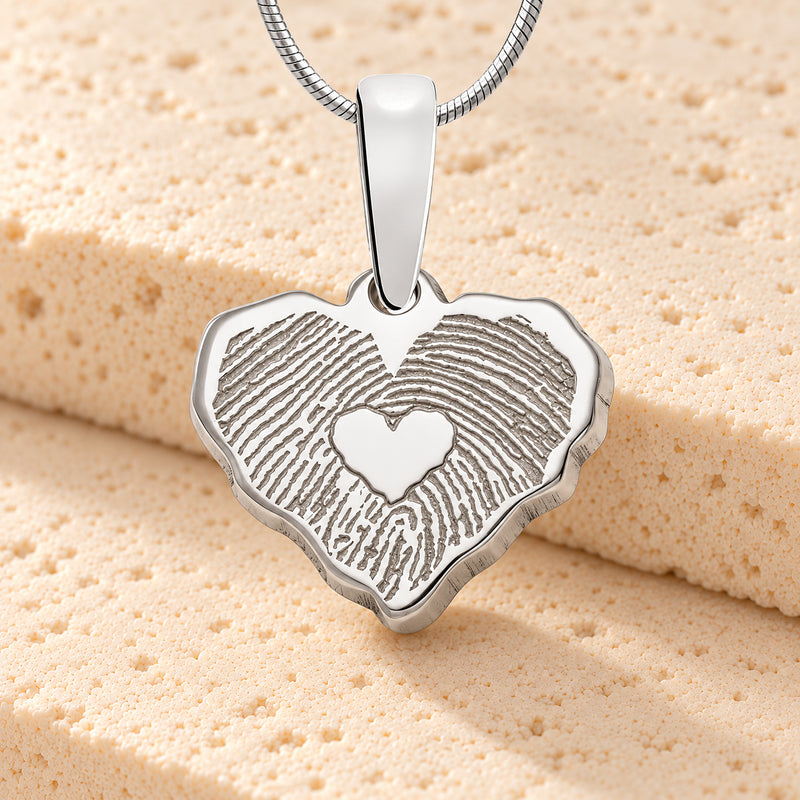 Petite Cut Solid 14K White Gold Heart Fingerprint Necklace with Signature on Back