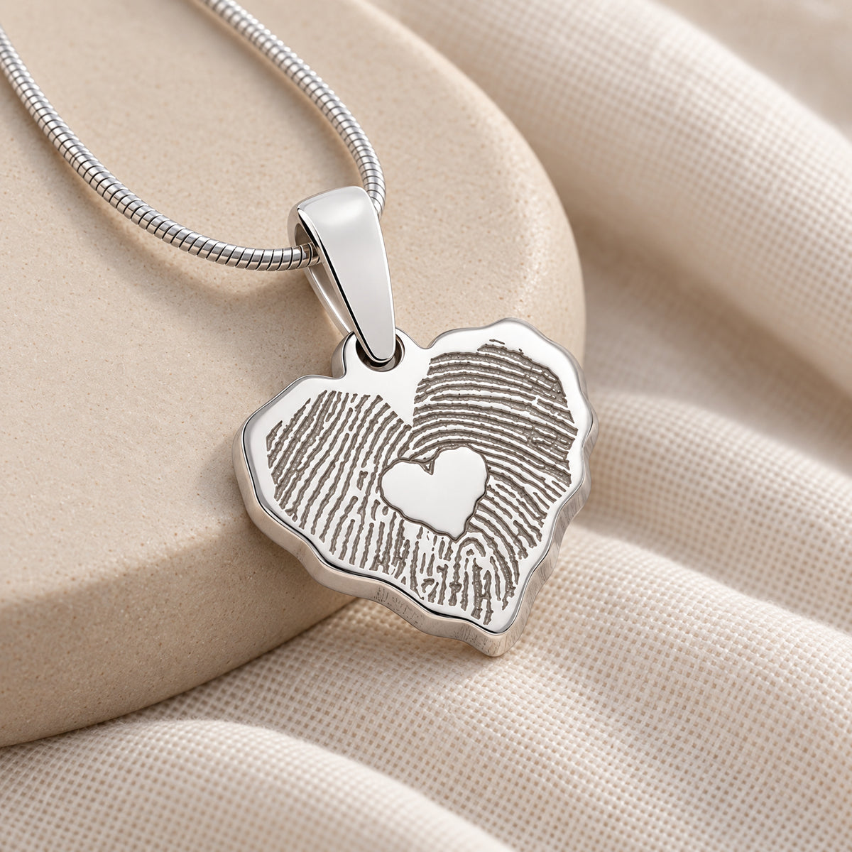 Petite Cut Solid 14K White Gold Heart Fingerprint Necklace with Signature on Back — alternate view