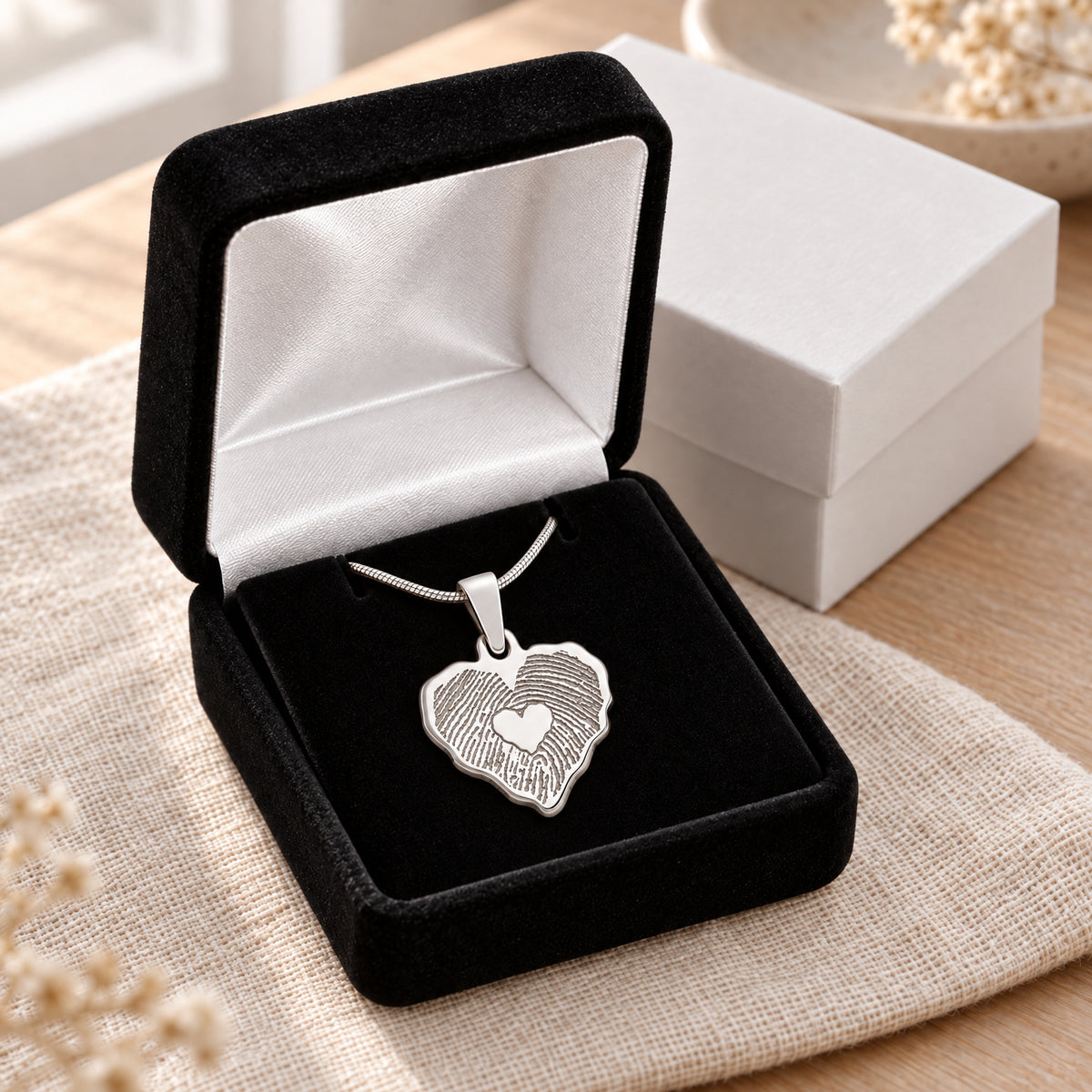 Petite Cut Solid 14K White Gold Heart Fingerprint Necklace with Signature on Back — gift box