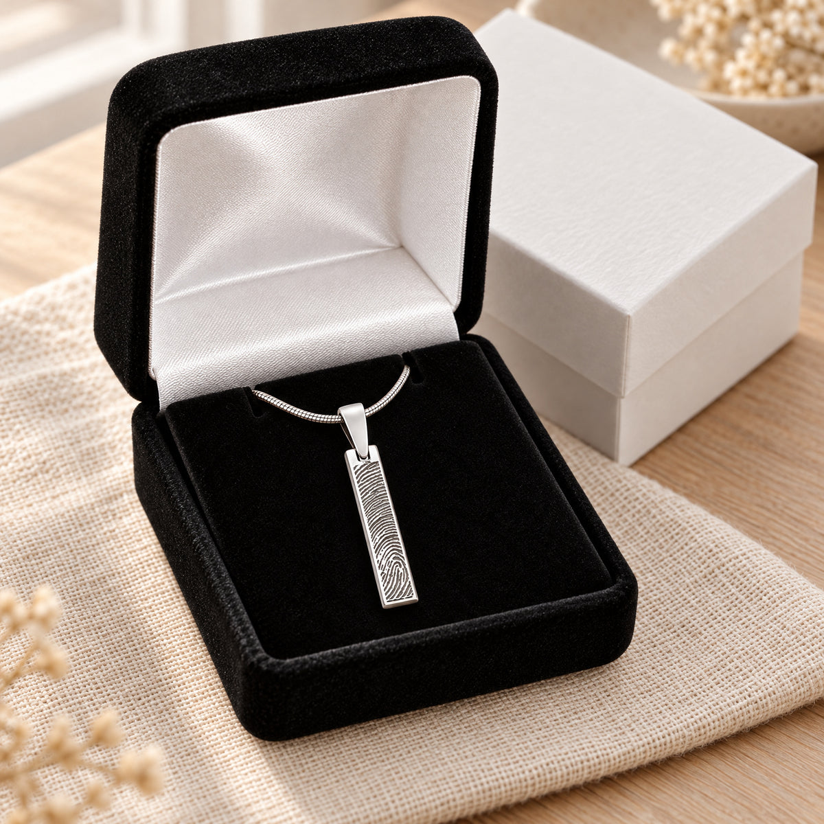 Sterling Fingerprint Tiny Bar Necklace with Signature on Back — gift box