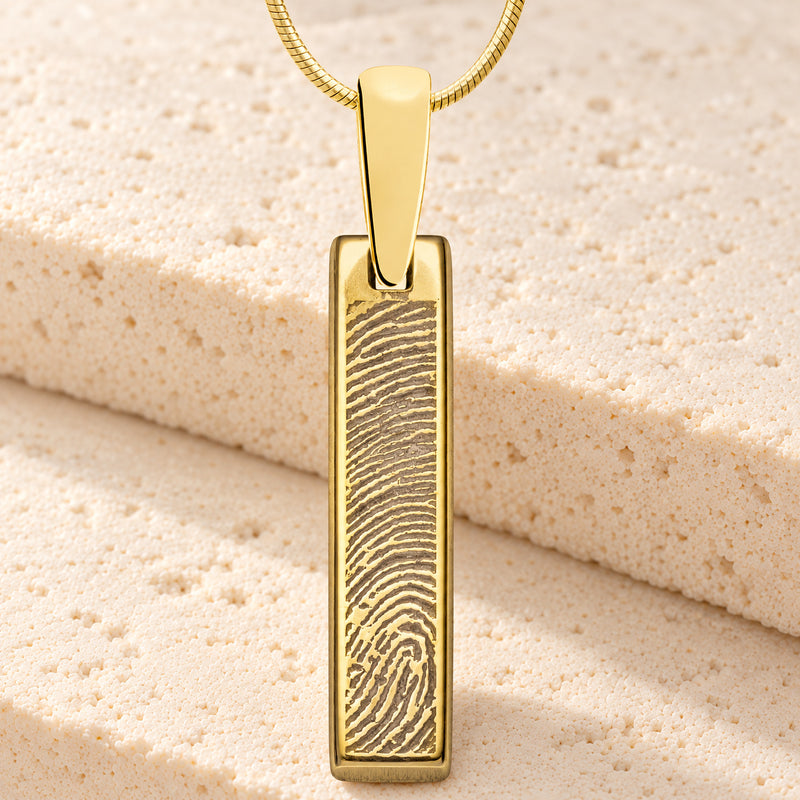 Solid 14K Gold Fingerprint Tiny Bar Necklace with Signature on Back