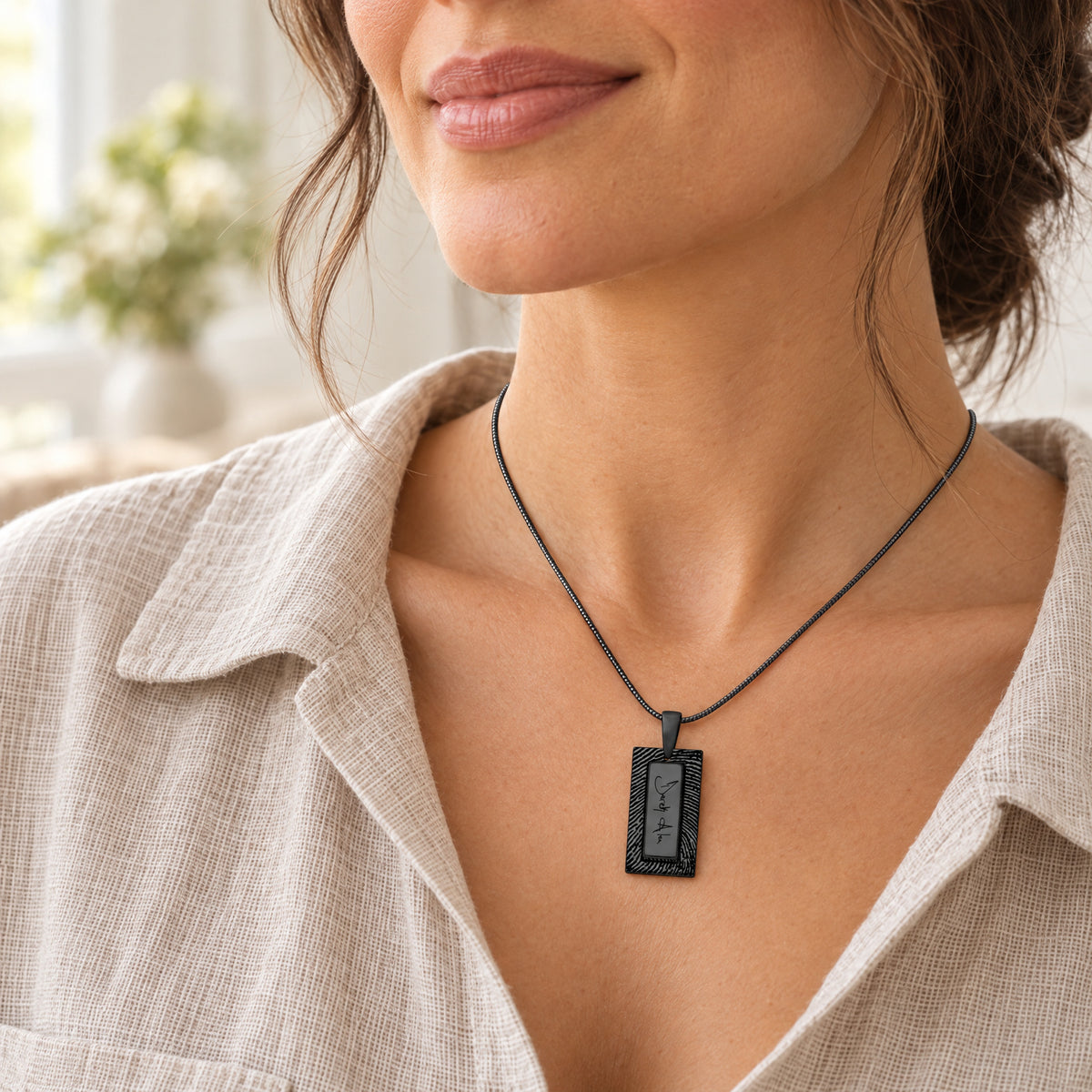 Black Plated Sterling Signature Rectangle Fingerprint Necklace — lifestyle