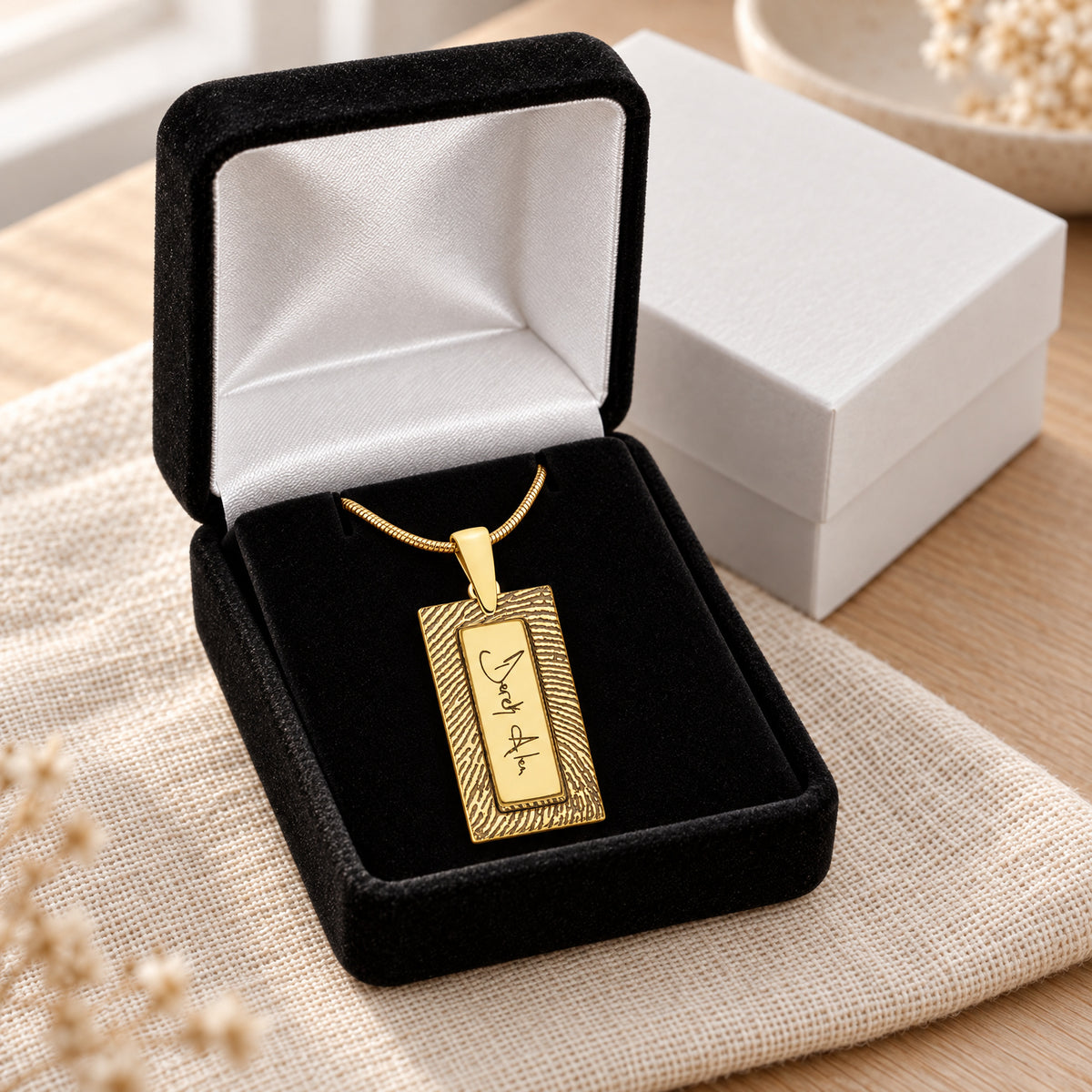Solid 14K Gold Signature Rectangle Fingerprint Necklace — gift box