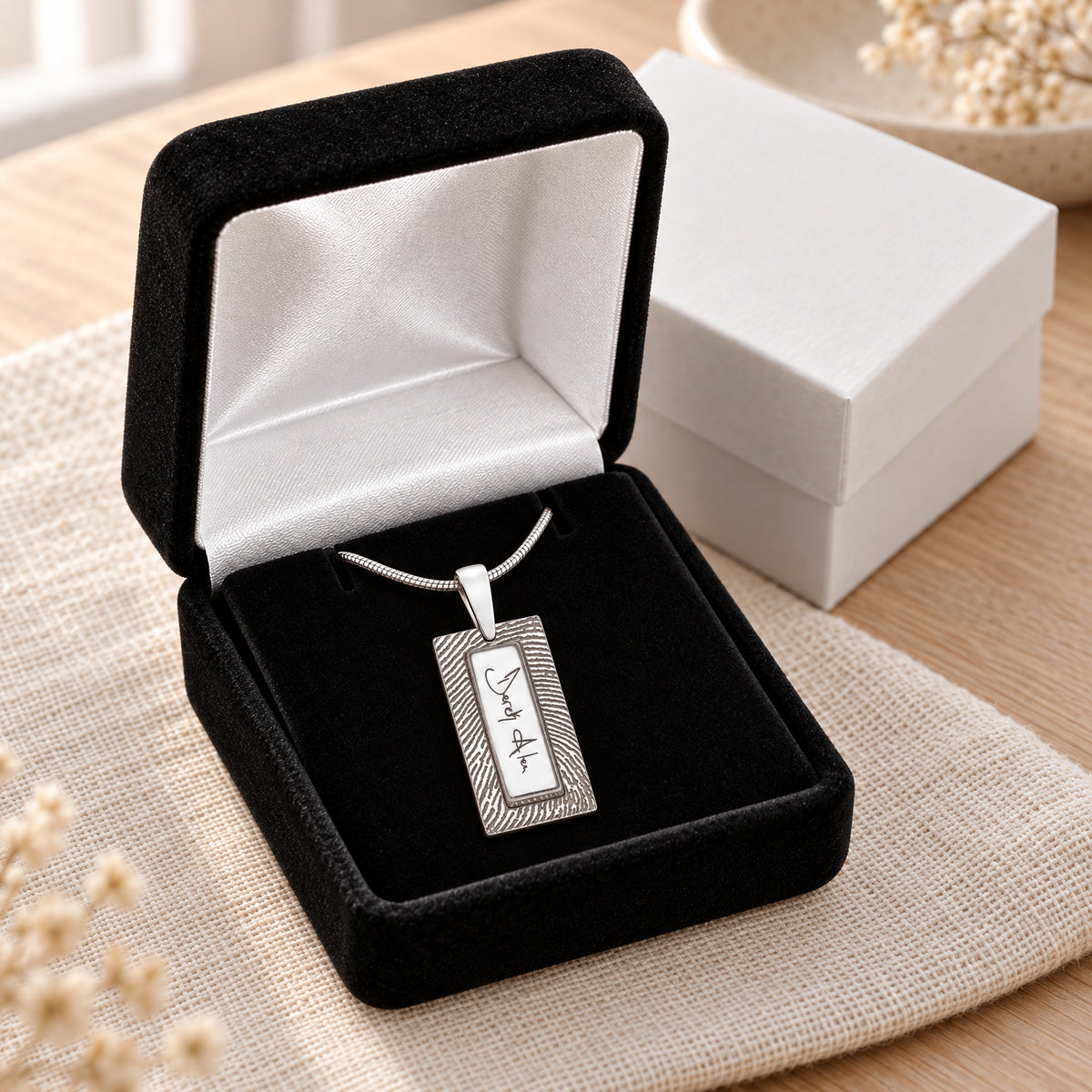 Sterling Signature Rectangle Fingerprint Necklace — gift box
