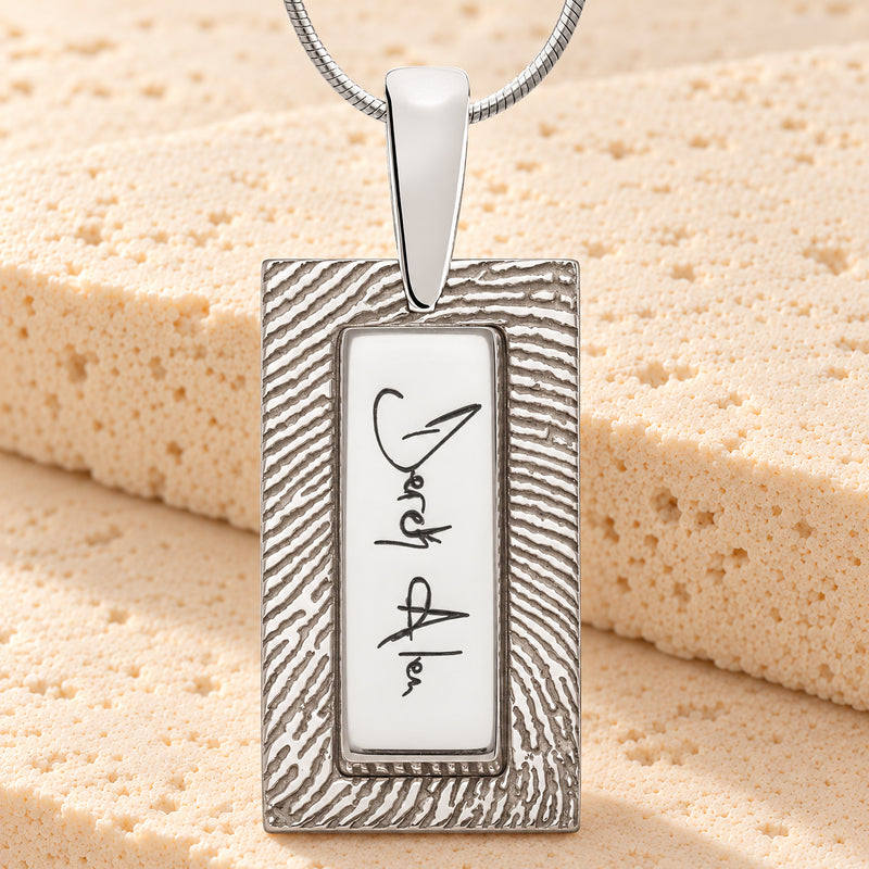 Solid 14K White Gold Signature Rectangle Fingerprint Necklace