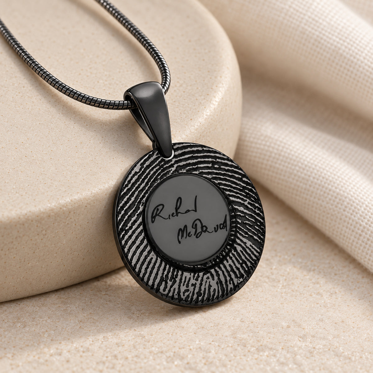 Black Plated Signature Round Sterling Silver Fingerprint Necklace — alternate view