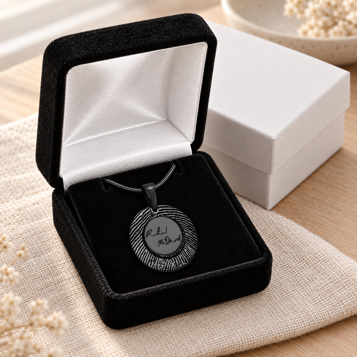 Black Plated Signature Round Sterling Silver Fingerprint Necklace — gift box