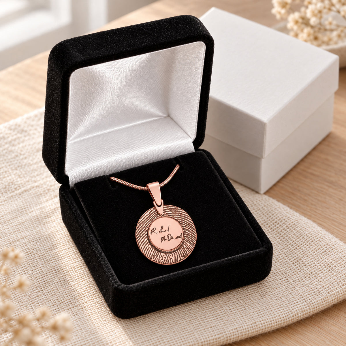 Rose Gold Plated Signature Round Sterling Silver Fingerprint Necklace — gift box