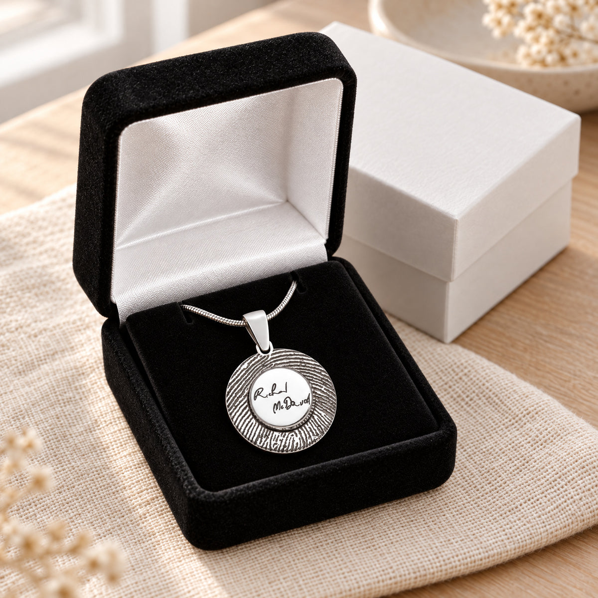 Signature Round Sterling Silver Fingerprint Necklace — gift box