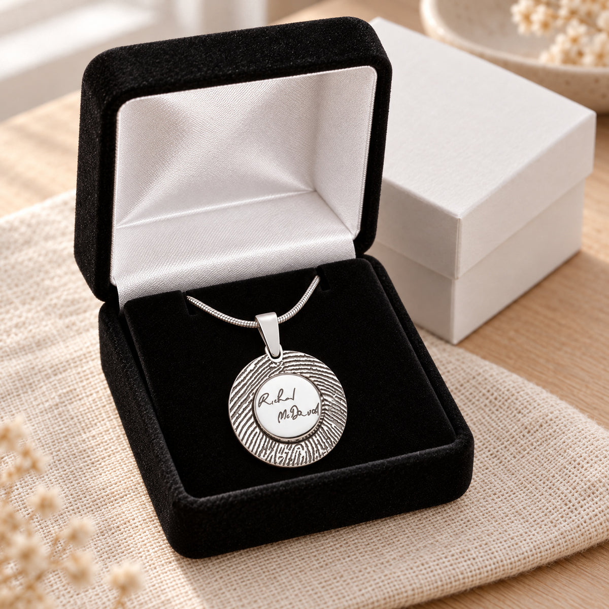 Signature Round Solid 14K White Gold Fingerprint Necklace — gift box