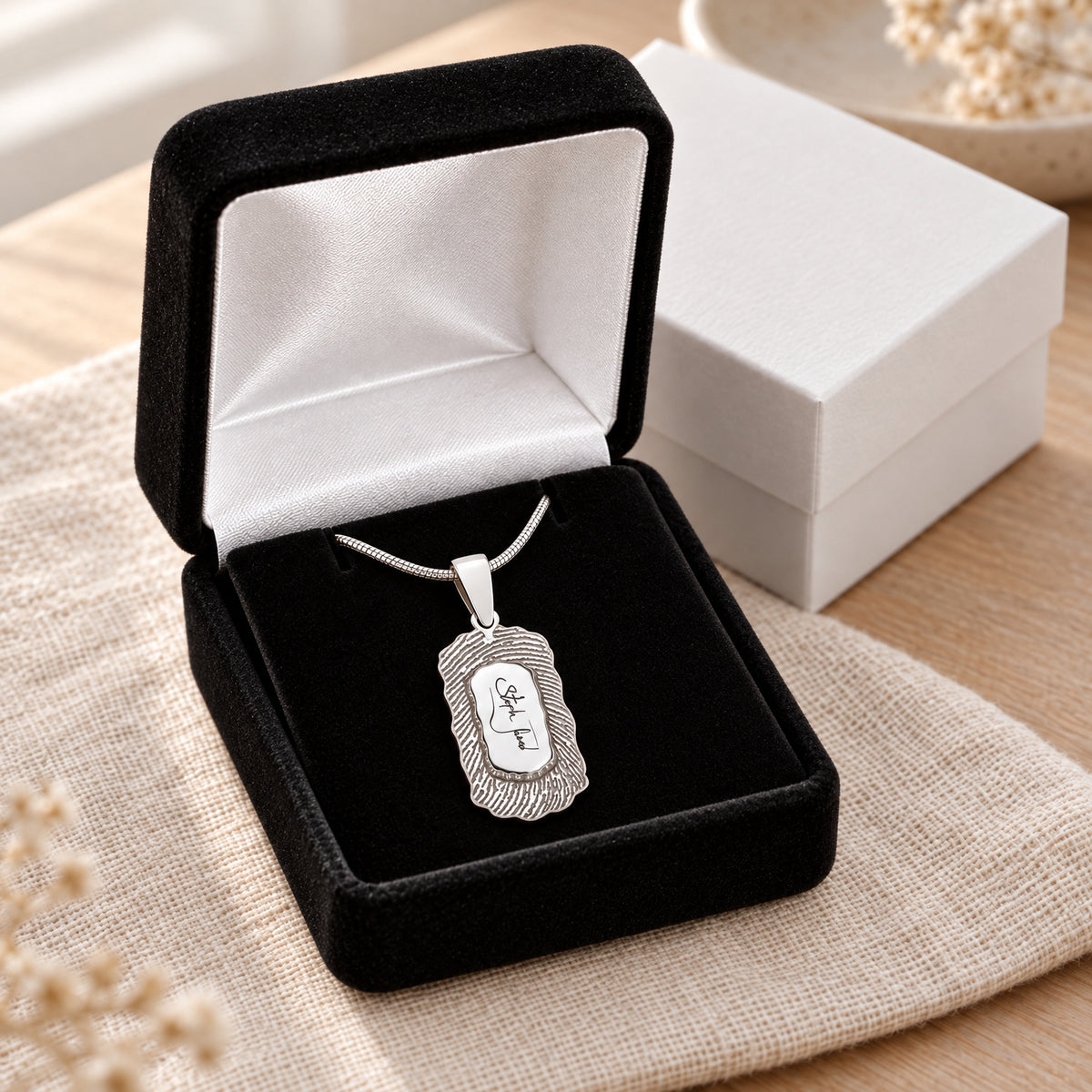 Signature Small Dog Tag Solid 14K White Gold Fingerprint Necklace — gift box