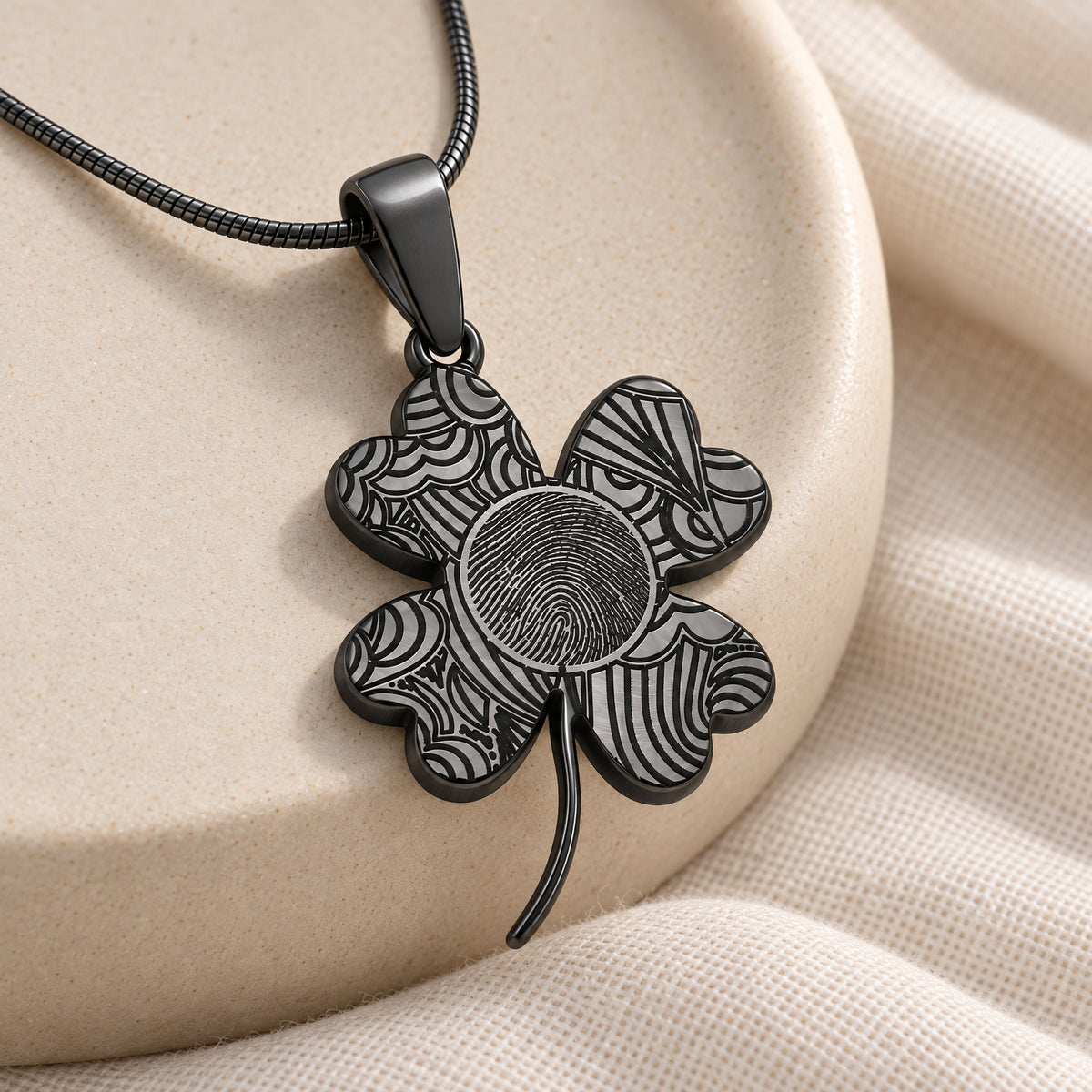 Black Plated Sterling Lucky Clover Fingerprint Necklace — alternate view