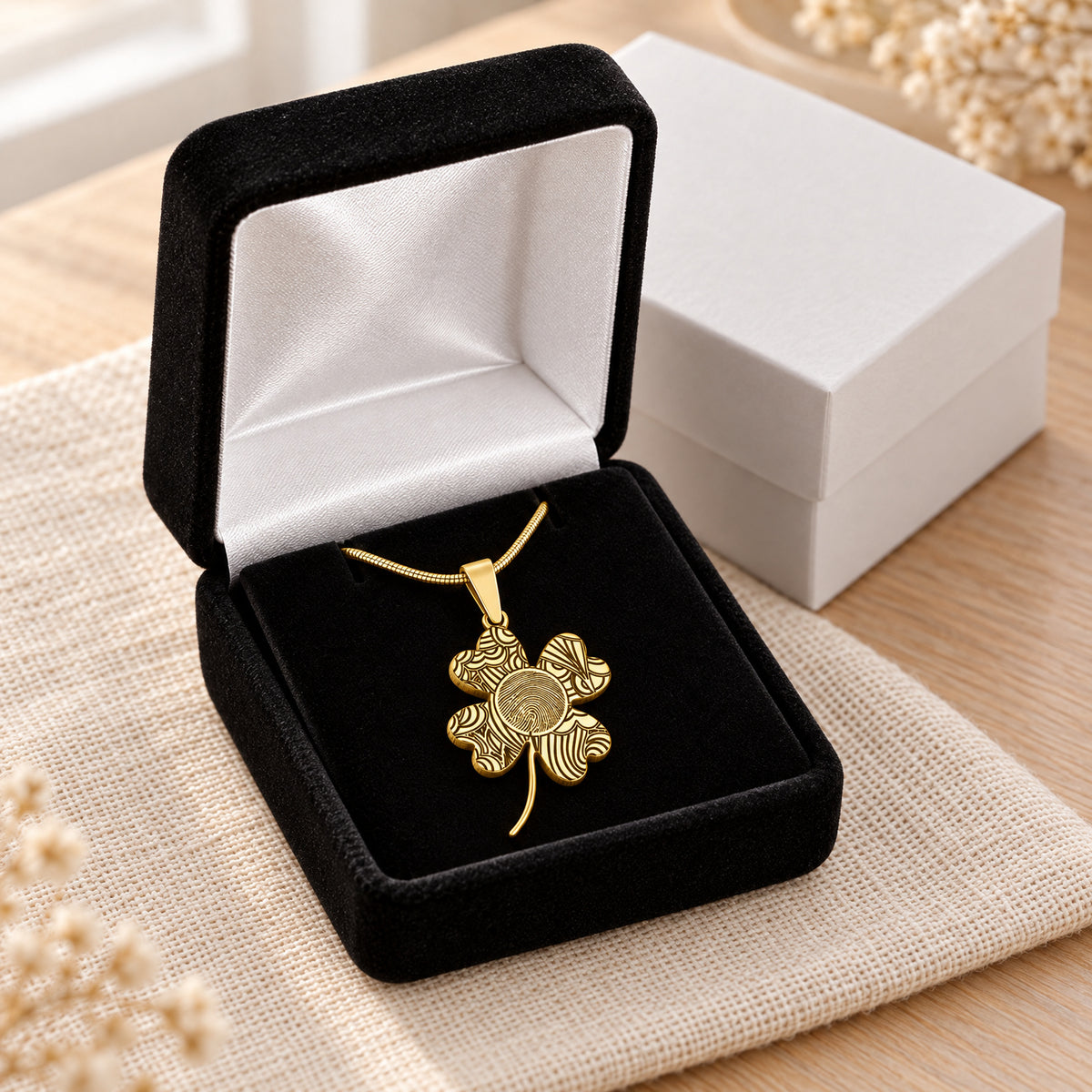 Gold Plated Sterling Lucky Clover Fingerprint Necklace — gift box