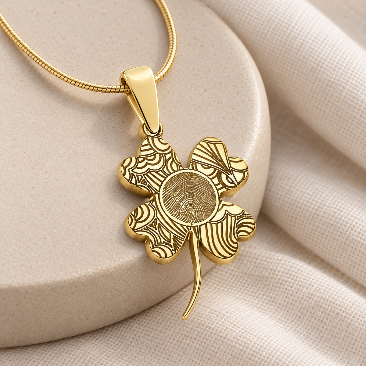 Solid 14K Gold Lucky Clover Fingerprint Necklace — alternate view