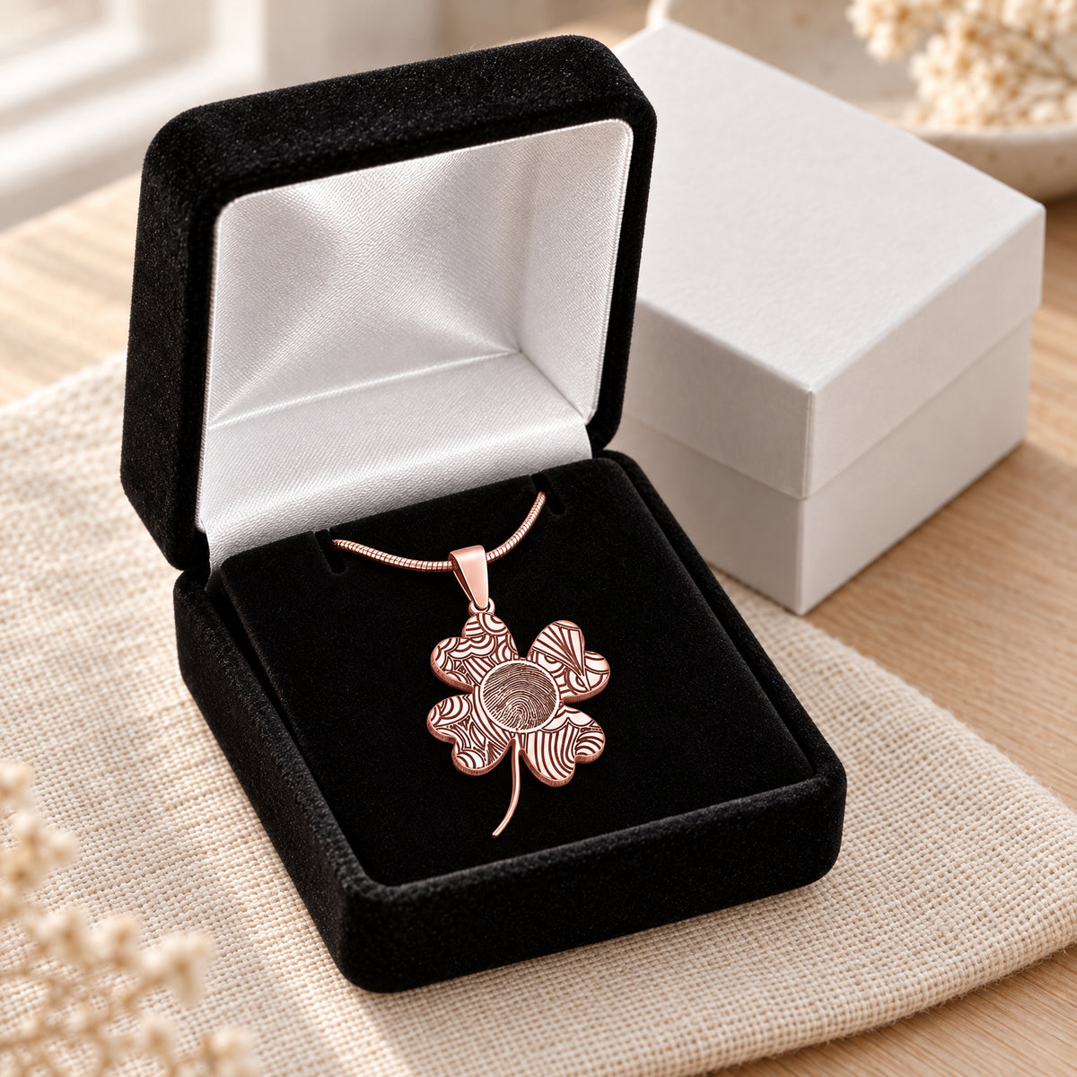 Rose Gold Plated Sterling Lucky Clover Fingerprint Necklace — gift box