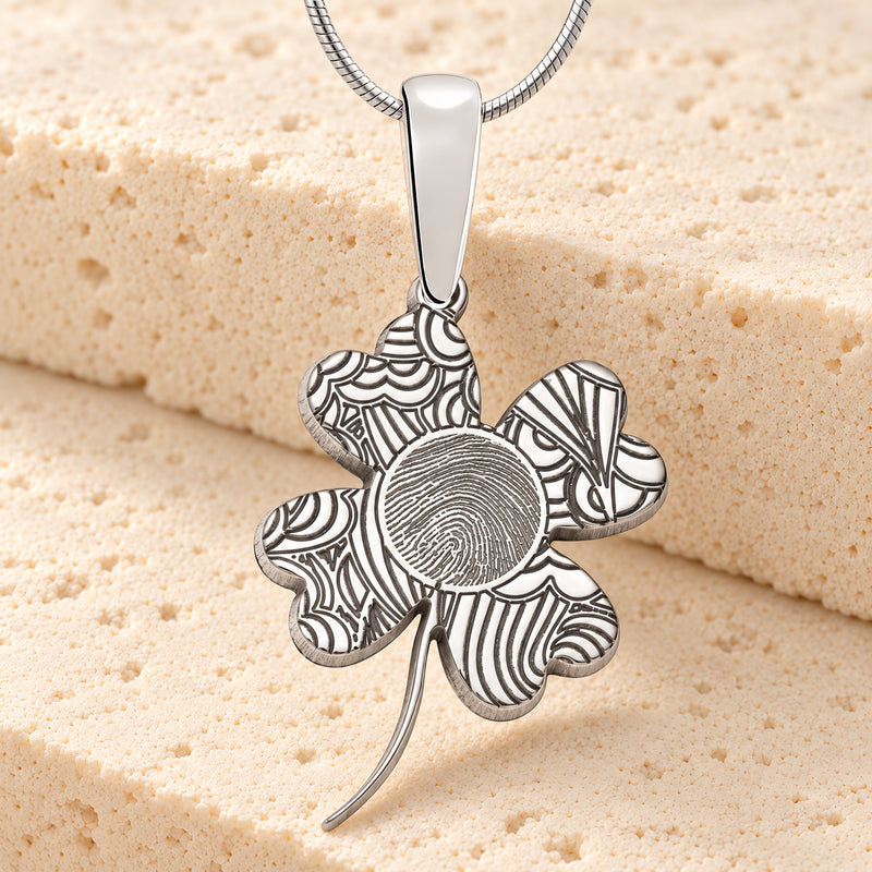 Solid 14K White Gold Lucky Clover Fingerprint Necklace