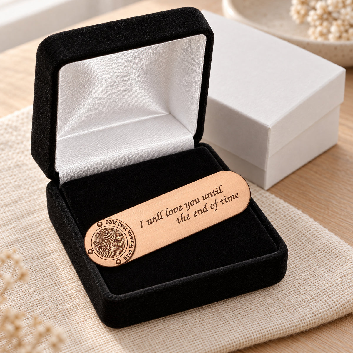 Brushed Copper Bookmark with Fingerprint — gift box