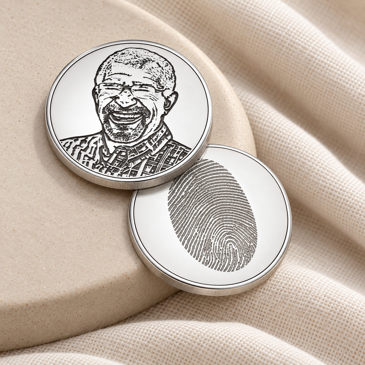 Polished Solid Silver Remembrance Coin with Fingerprint and Photo on Back — alternate view