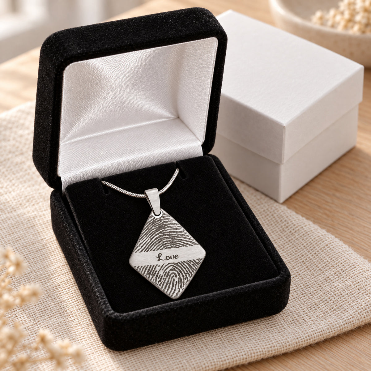 Stainless Brushed Long Diamond Fingerprint Necklace — gift box