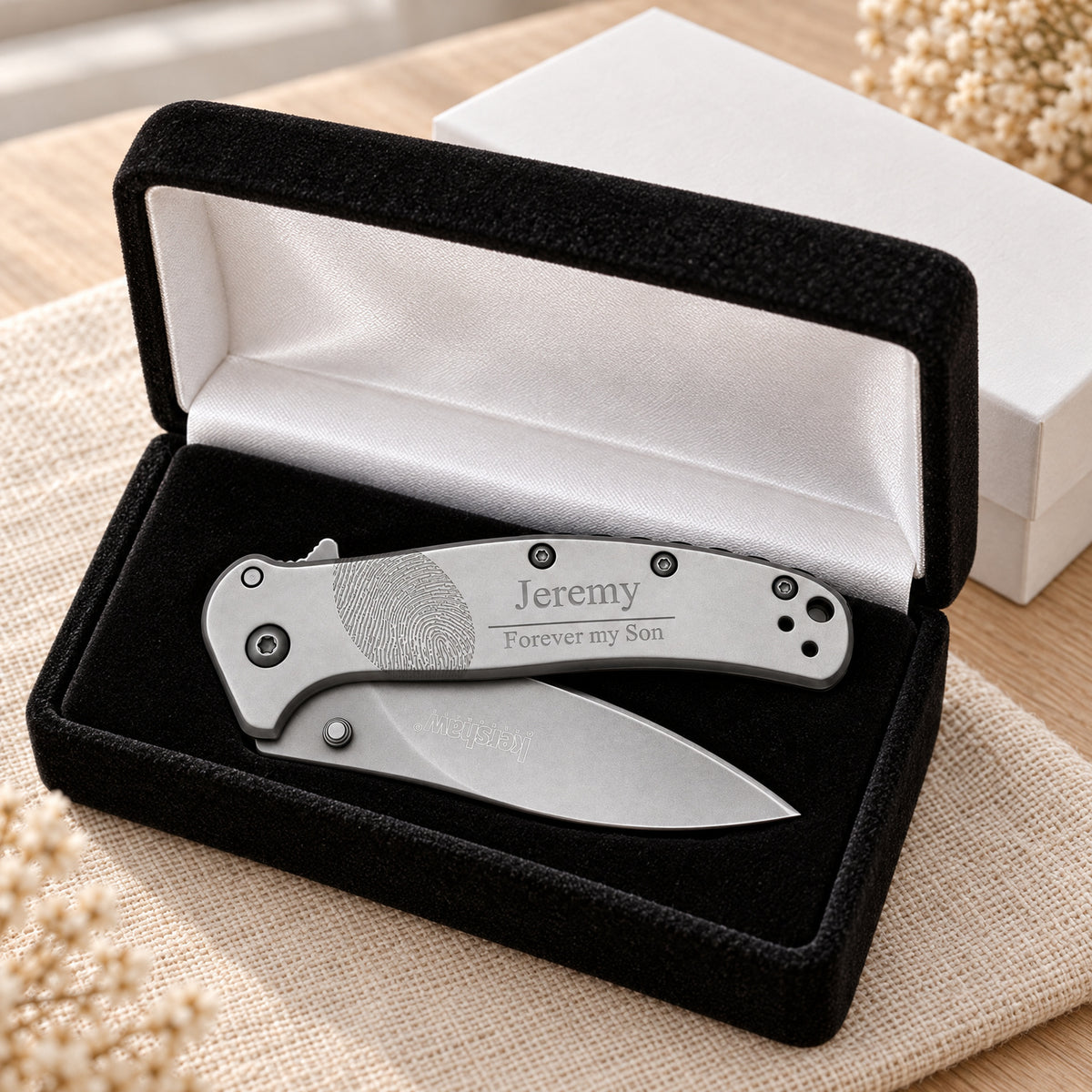 Stainless Steel Remember Me Kershaw Knife with Fingerprint — gift box