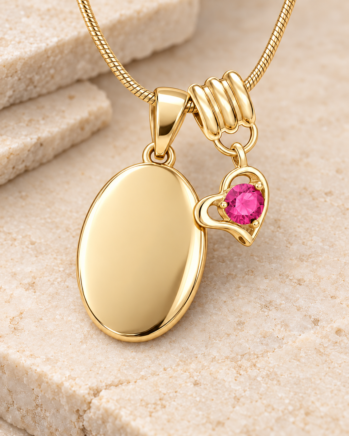 October gold birthstone heart hanger with an illustrative matching oval pendant; display pendant and chain sold separately.