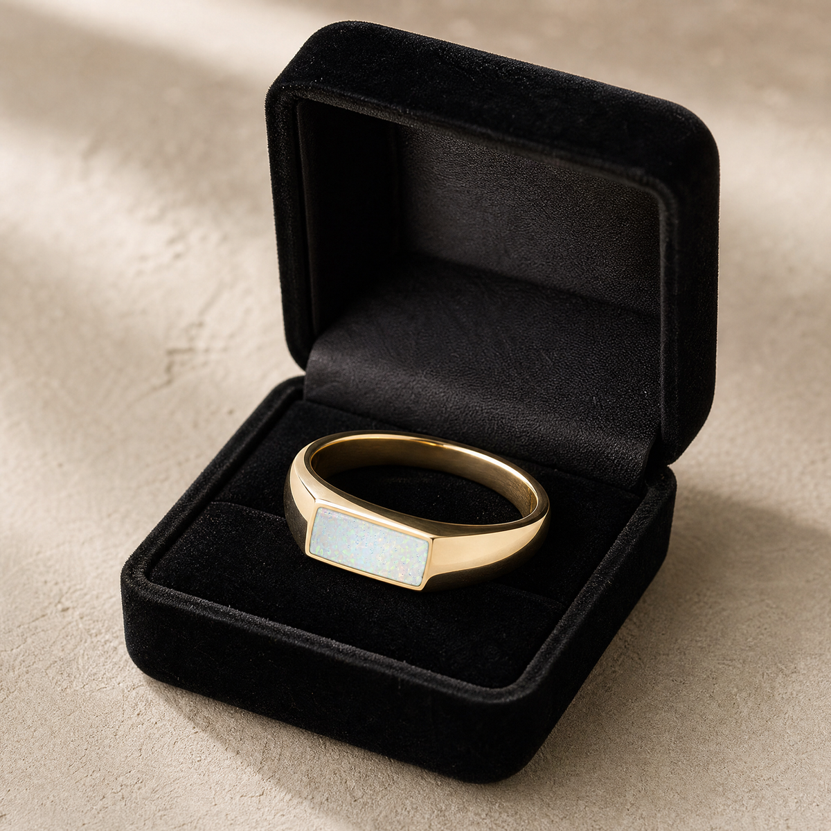 Solid 14K Gold Men's Desoto Ash Ring with Crushed Cream Opal