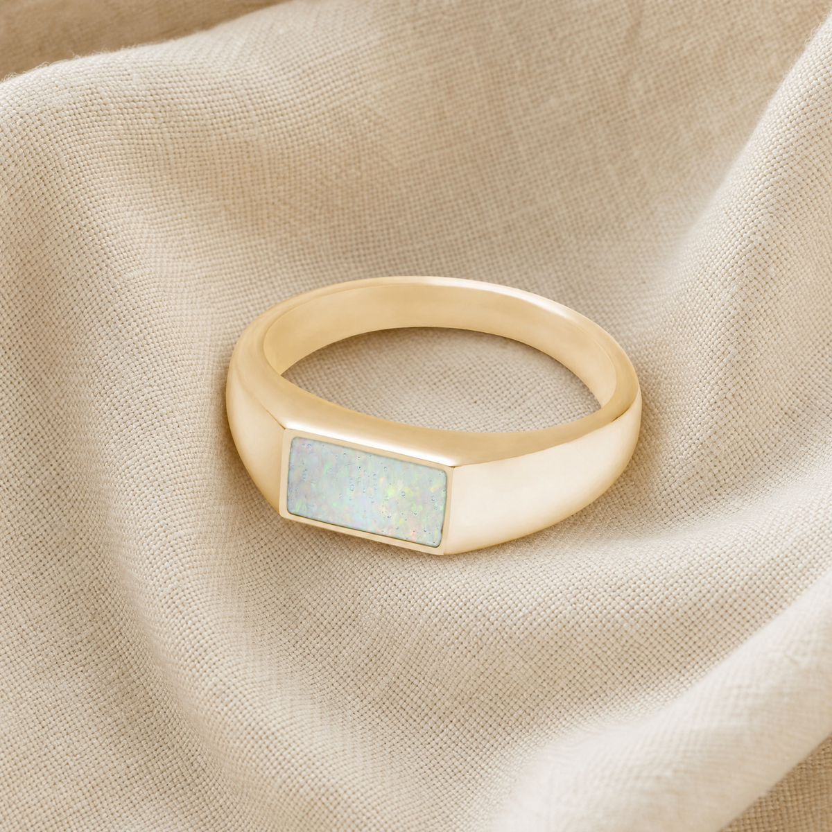 Solid 14K Gold Men's Desoto Ash Ring with Crushed Cream Opal
