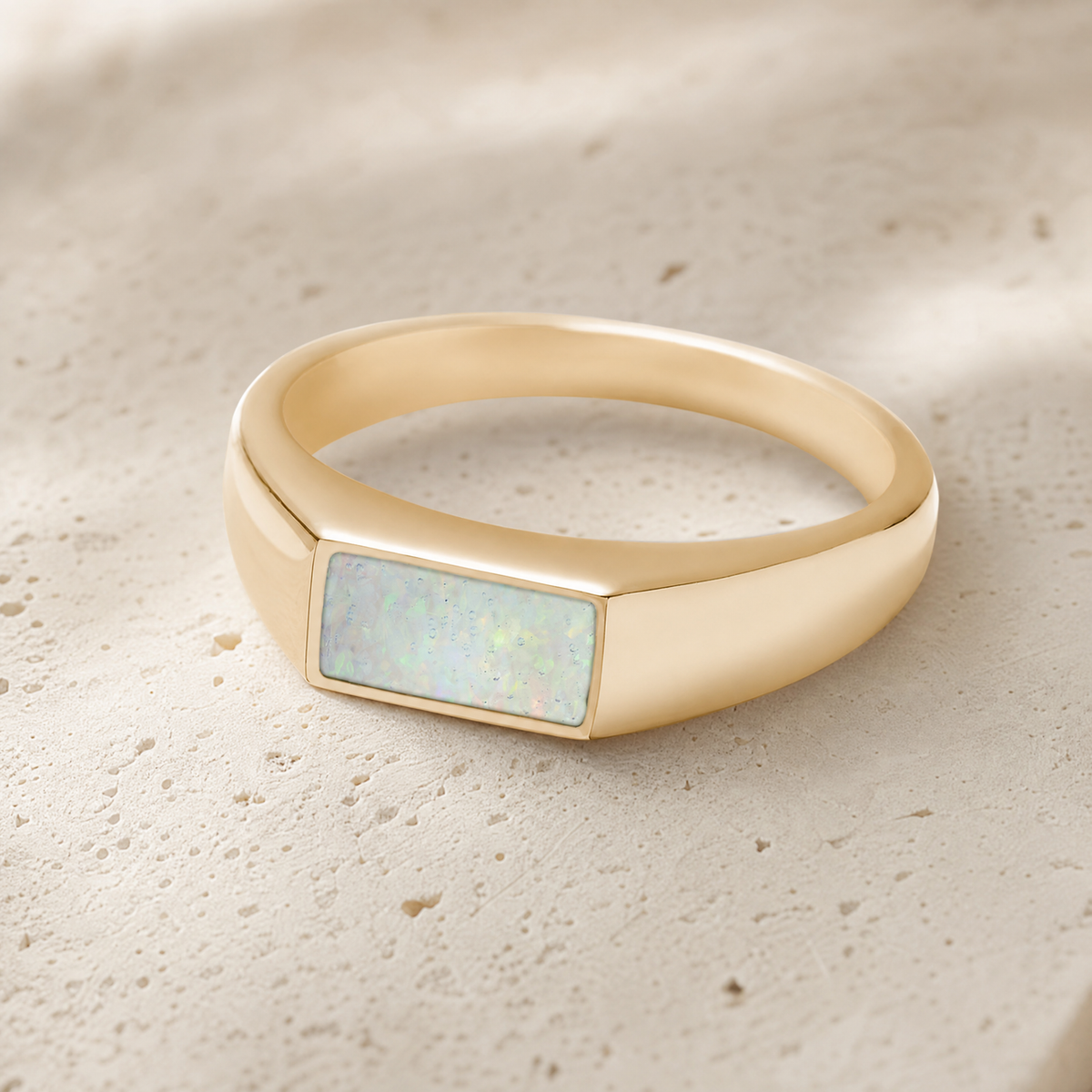 Solid 14K Gold Men's Desoto Ash Ring with Crushed Cream Opal