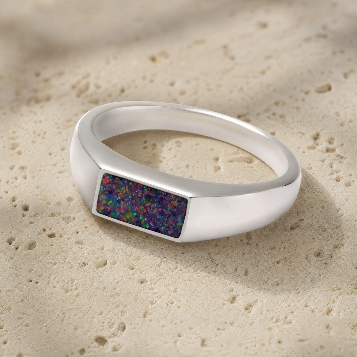 Men's Sterling Silver Desoto Ash Ring with Black Flame Opal