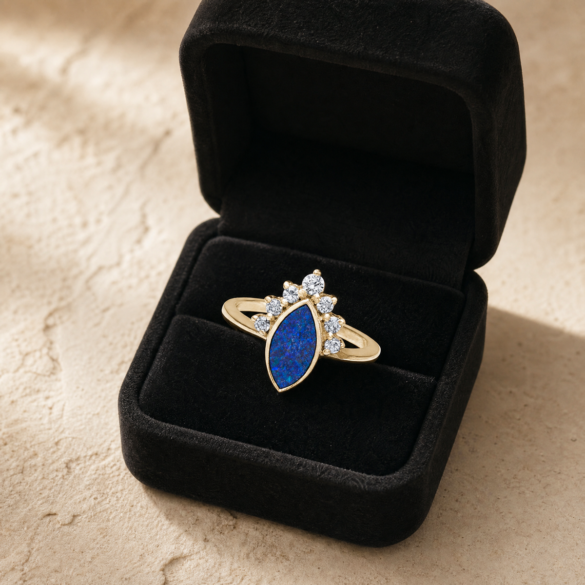 Solid 14K Gold Women's Lakeway Ash Ring with Opal Blue Waters