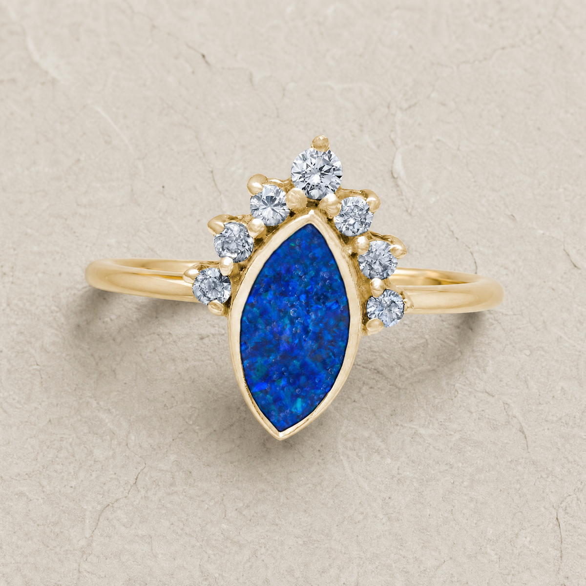 Solid 14K Gold Women's Lakeway Ash Ring with Opal Blue Waters